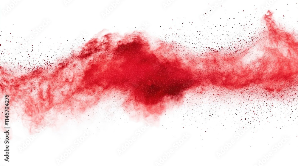 Poster vibrant red powder explosion creating dynamic abstract patterns against a white background showcasin