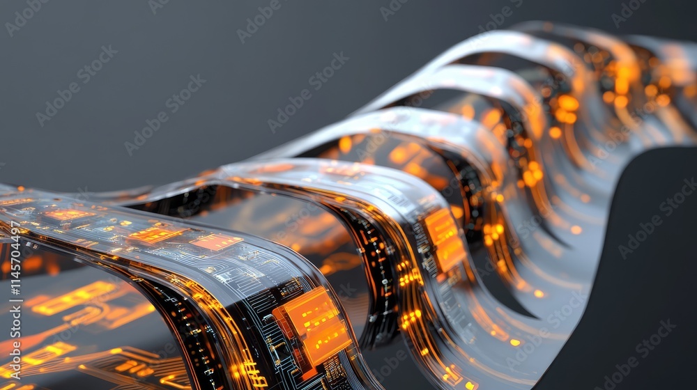 Poster a graphic representation of a flexible microchip design, with bendable circuits and innovative mater