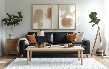 Modern living room interior with black leather sofa, wooden coffee table, abstract art, and plants. (1)
