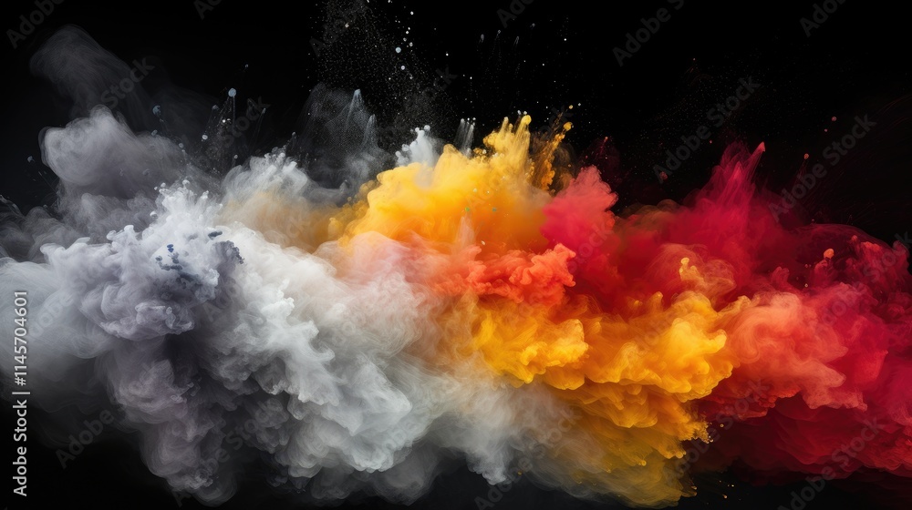 Poster vibrant colorful powder explosion creating a dynamic cloud formation against a dark background for a