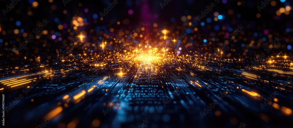 Poster abstract digital landscape with vibrant lights representing the fusion of technology and communicati