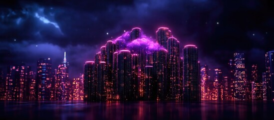 Fototapeta premium Futuristic city skyline with neon lights and cloud technology representing big data analytics and digital transformation in marketing.