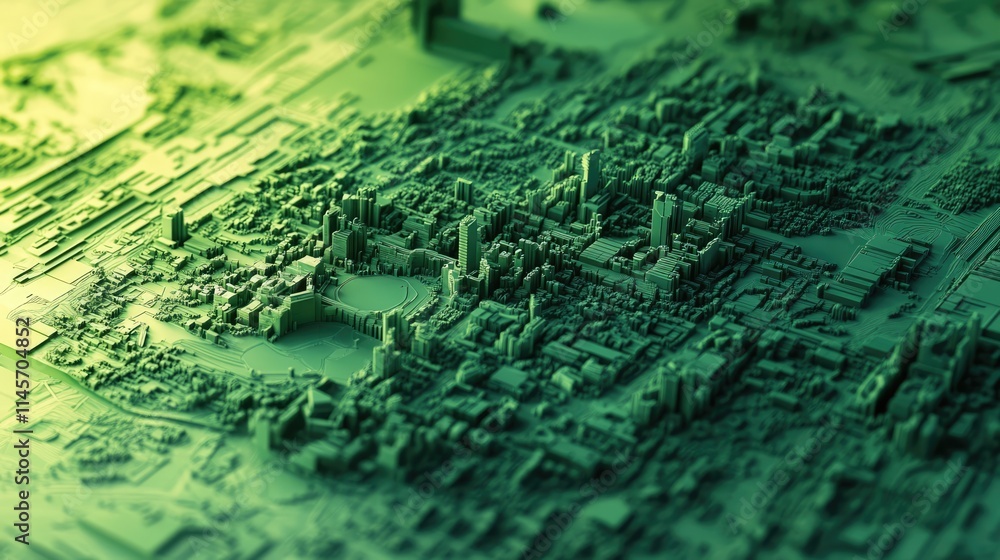 Poster abstract digital landscape with interconnected buildings and maps in green tones representing techno
