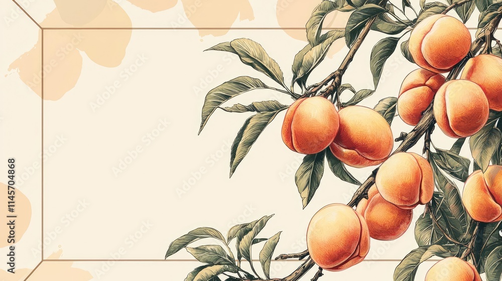 Poster peach tree abstract background idea. vibrant peach tree branches adorned with ripe peaches against a