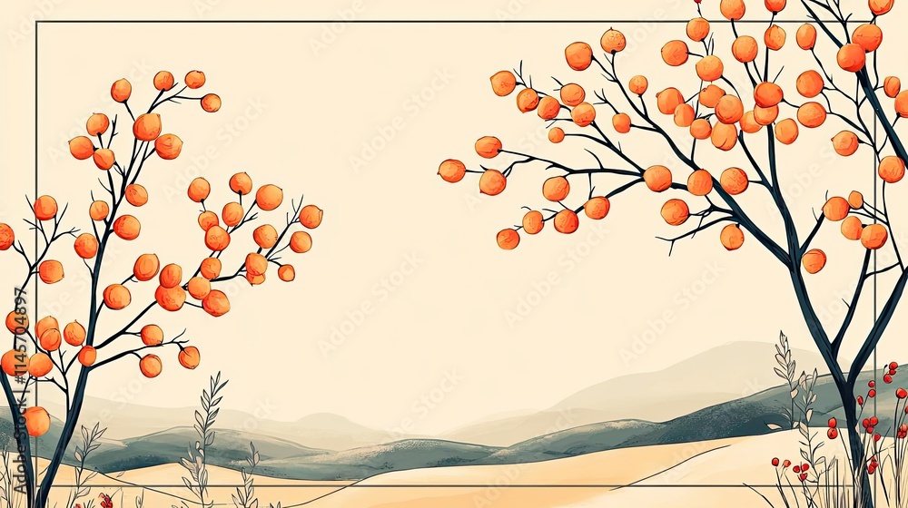 Poster peach tree abstract background idea. a serene landscape featuring orange fruits on branches against 