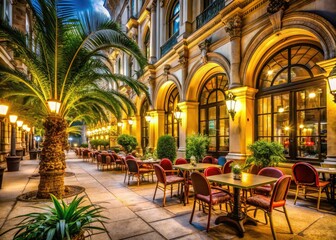 Naklejka premium Vienna Street Cafe: Romantic Evening in Old Town, Austrian Palm Tree Patio Restaurant