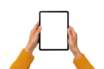 Hands holding tablet mockup with blank screen, isolated on transparent background