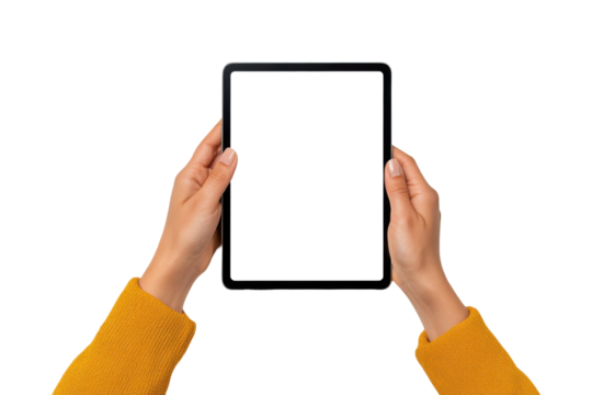 Hands holding tablet mockup with blank screen, isolated on transparent background