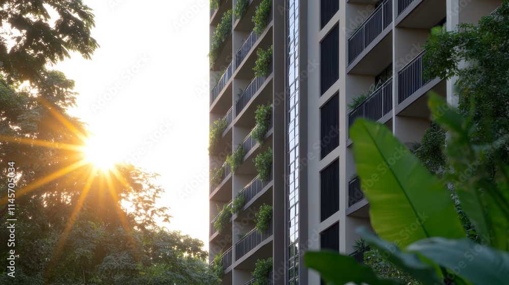 Poster a modern building illuminated by sunlight, surrounded by lush greenery and plants, creating a harmon