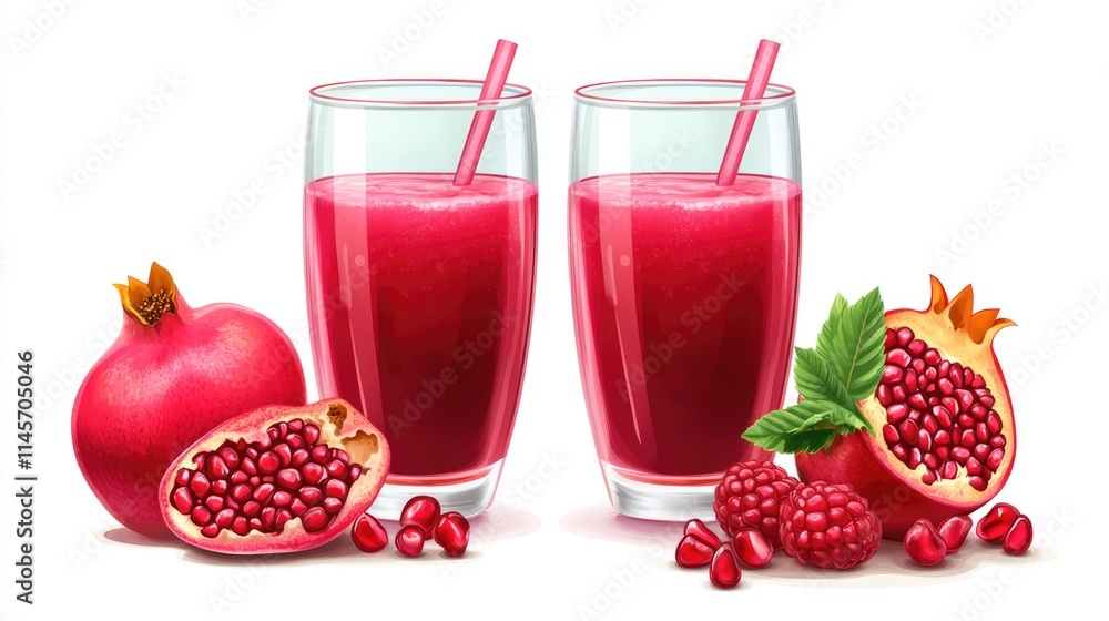 Poster refreshing raspberry and pomegranate juice smoothies served in clear glasses with fresh fruit on a w