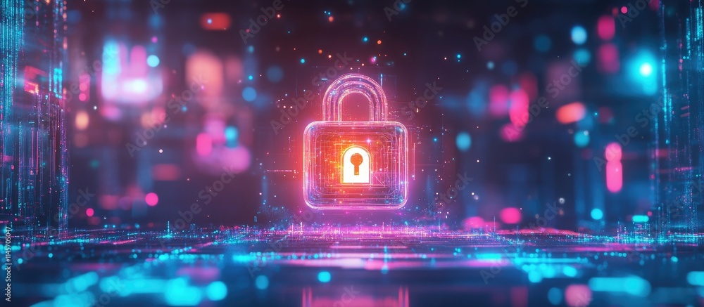 Poster luminous lock icon on laptop screen with holographic effect representing internet safety and data pr