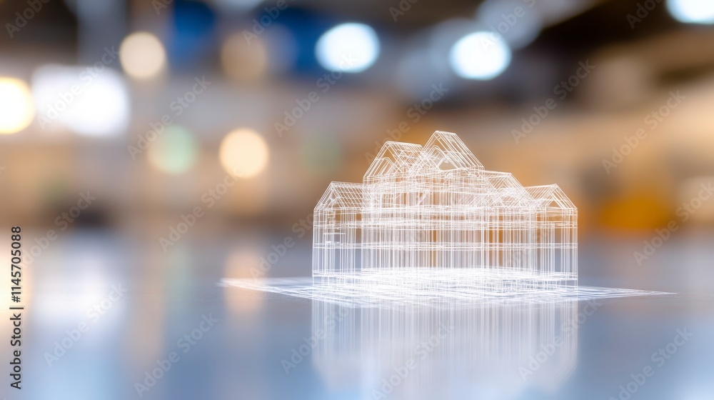 Poster a translucent 3d-printed house model rests on a smooth surface, highlighted by a softly blurred back