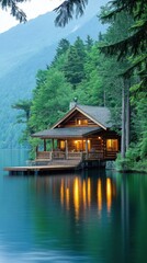 Fototapeta premium A serene lakeside cabin surrounded by lush trees, reflecting on calm waters at dusk.