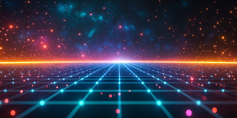 Sci-fi inspired abstract grid with glowing neon blue and purple lines forming a futuristic digital aesthetic