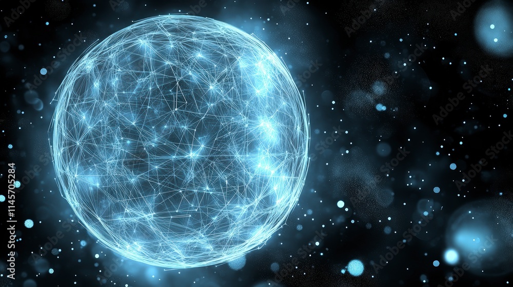 Poster a luminous blue sphere of interconnected nodes and lines floats against a dark backdrop with subtle 