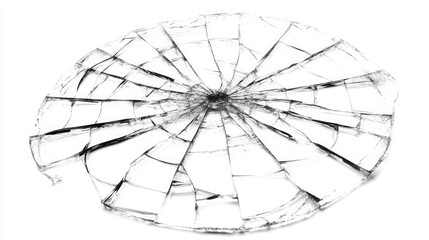 Obraz premium Fragmented glass surface with intricate cracks creating an abstract pattern isolated on a white background for design and texture use.