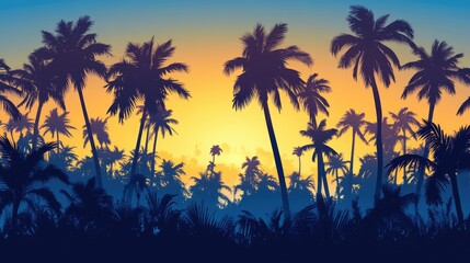Obraz premium Twilight Silhouette of Palm Trees Against Golden Sunlight and Blue Sky in a Serene Tropical Landscape