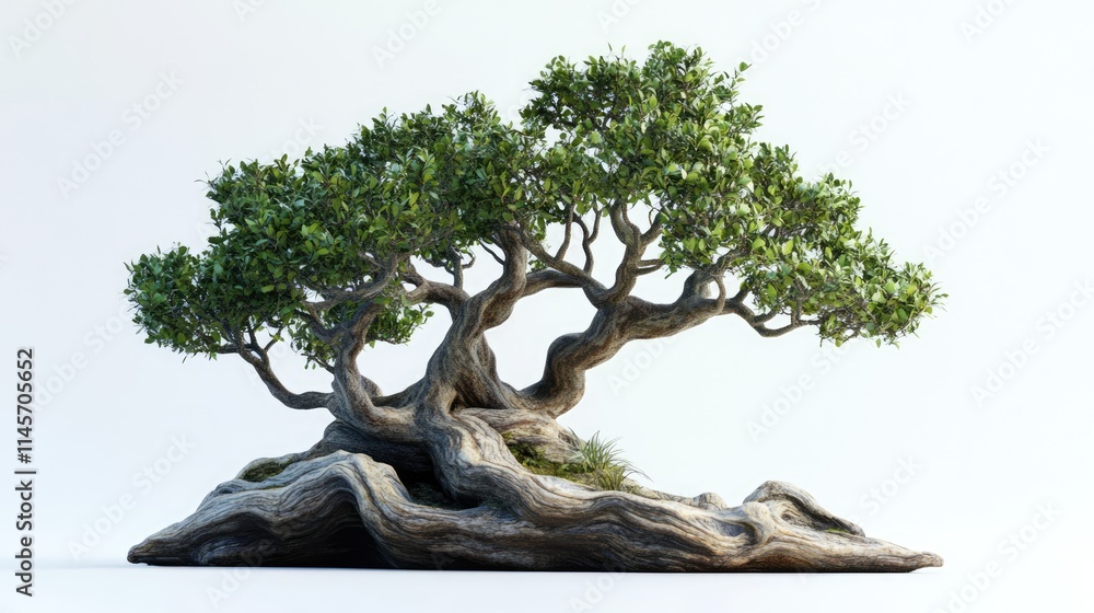 Aufkleber isolated artistic bonsai tree with intricate twisted trunk and lush green foliage on a clean white b