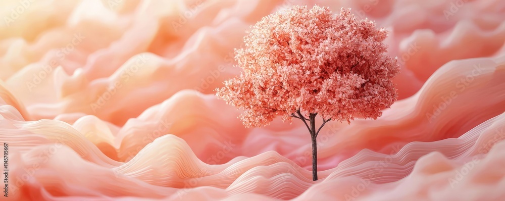 Poster peach tree abstract background idea. a vibrant pink tree stands alone in a surreal landscape of soft