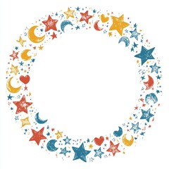 Fototapeta premium Colorful celestial frame design with stars, moons, hearts, and whimsical details ideal for creative projects, invitations, and nursery artwork