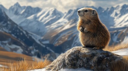 Marmot perched on a rock against majestic mountain landscape in a serene alpine environment showcasing natural beauty and wildlife.