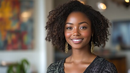 A writer smiles confidently in an office, representing a proud journalist, creative woman, news editor, or reporter for content creation.