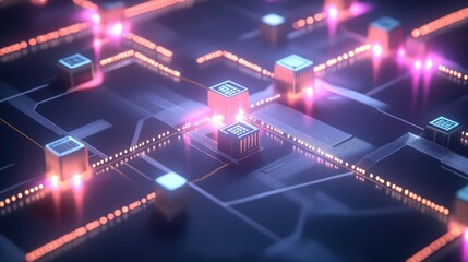 Fototapeta premium A graphical representation of a digital microchip network, with multiple chips interconnected by glowing pathways