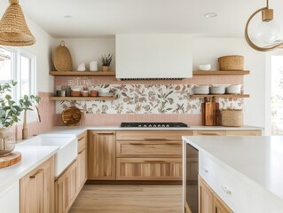 Modern kitchen design with floral tile backsplash and wood cabinets