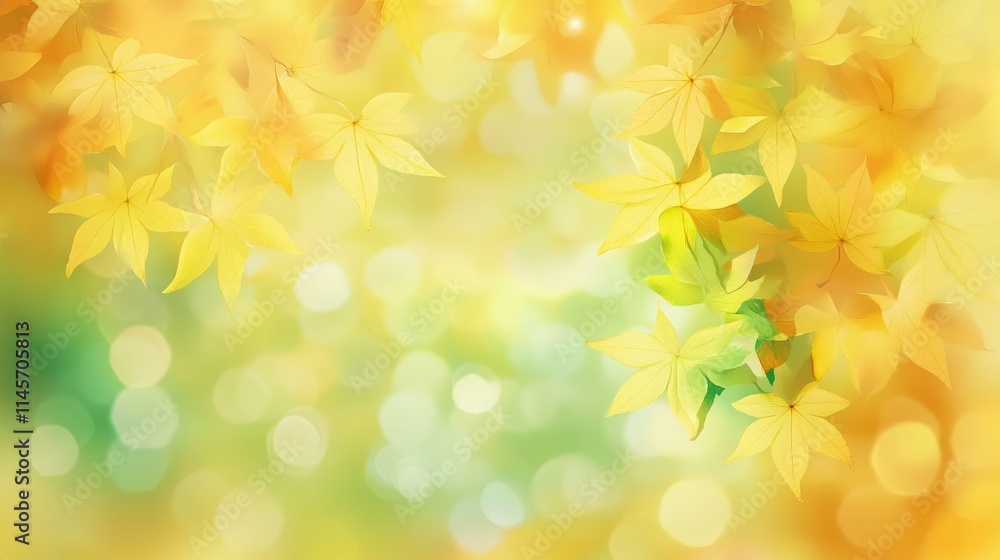 Poster autumn bokeh background with vibrant yellow and green maple leaves creating a warm seasonal atmosphe