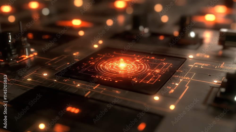 Poster a close-up of a futuristic circuit board pulsates with orange light. intricate lines and a central g
