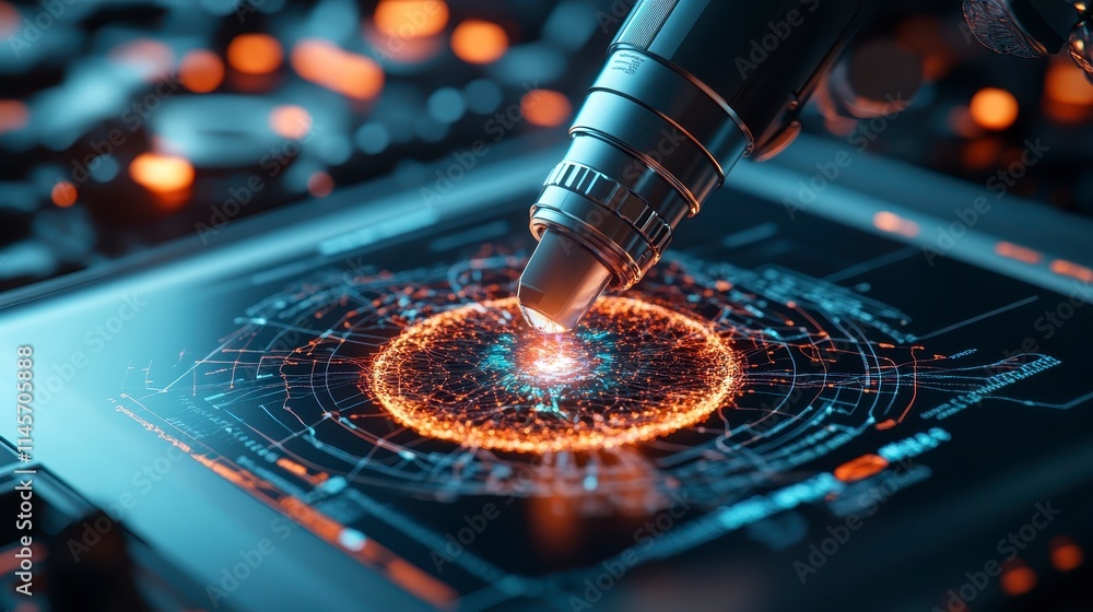 Poster a high-tech interface featuring a robotic hand interacting with a glowing, circular display, highlig