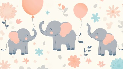 Three cute cartoon elephants with pink balloons and flowers.