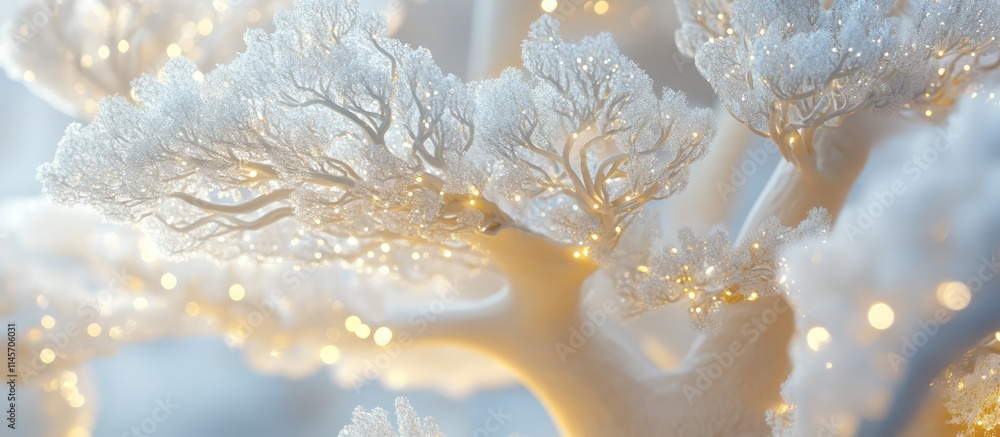 Poster macro shot of a white artificial tree adorned with glowing lights creating a magical winter ambiance