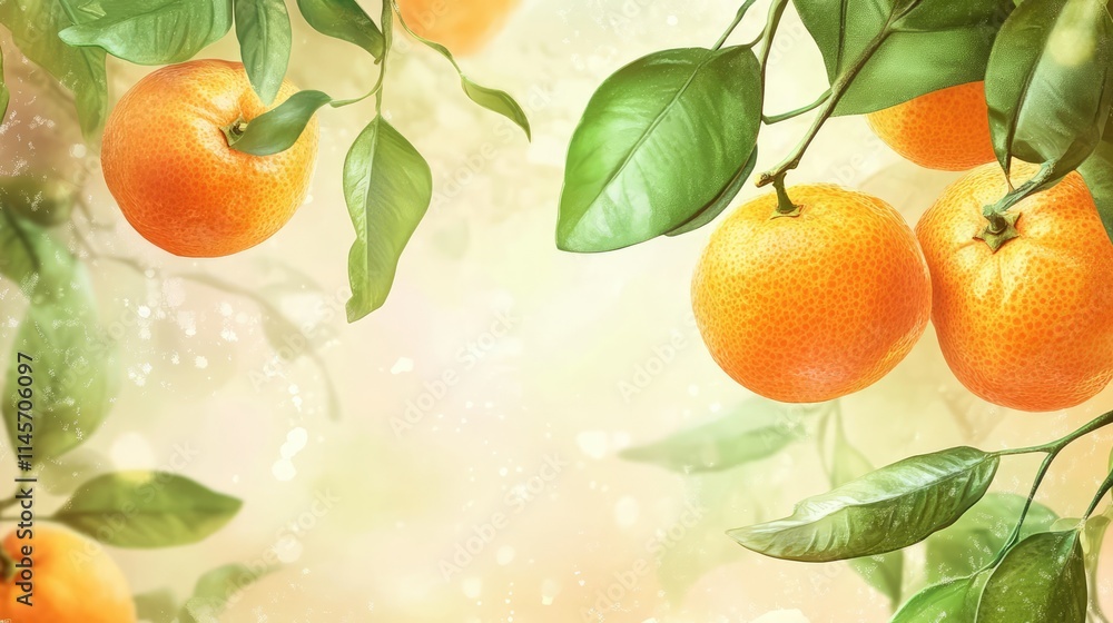 Poster fresh tangerines with vibrant green leaves against a soft blurred background creating a warm and inv
