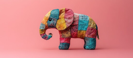 Colorful fabric toy elephant on a pink background showcasing handmade craftsmanship with space for your creative text or design elements
