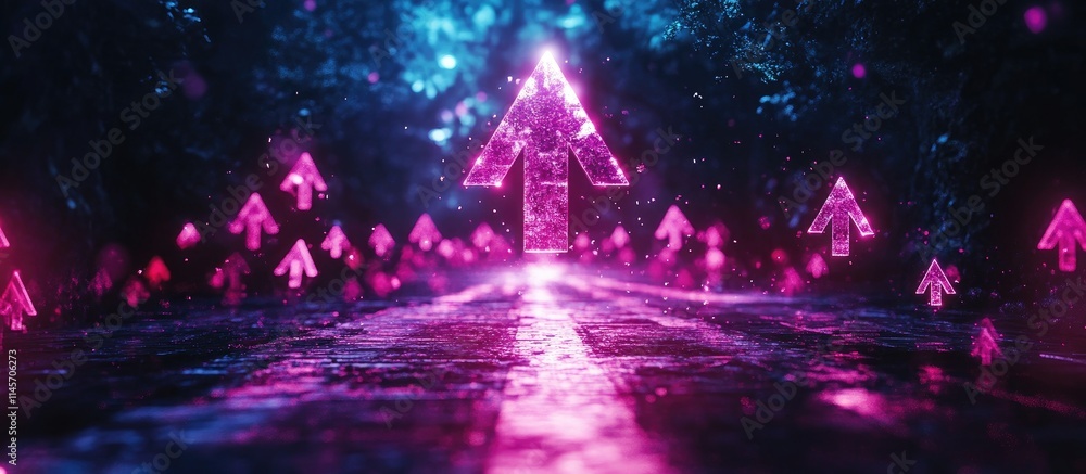 Poster desktop computer with glowing upward arrows hologram in a mystical forest setting illustrating growt