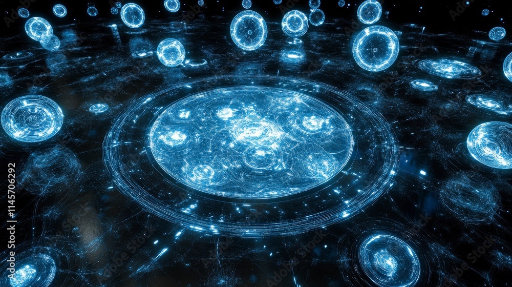 Poster glowing blue circular patterns on a dark background create an abstract visualization of energy field