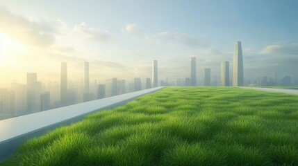 A city skyline with a green roof in the foreground