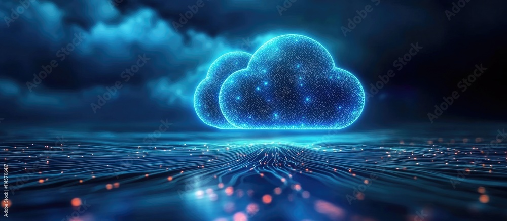 Poster futuristic cloud computing concept with connected digital networks and glowing blue clouds over a da