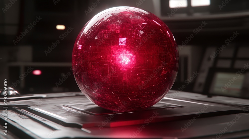 Poster a crimson orb pulsates with an inner light resting on a metallic platform in a dimly lit technologic