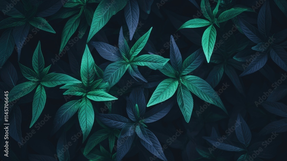 Poster elegant green plant leaves texture backdrop with space for text in a dark setting featuring shallow 