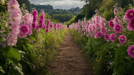 Obraz premium Vibrant Pink Flowers Bloom Along a Serene Garden Pathway