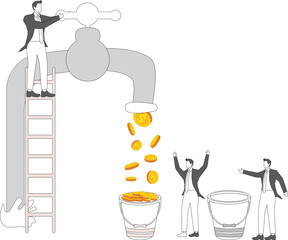 Businessmen holding buckets lined up to receive the gold coins flowing out of the tap