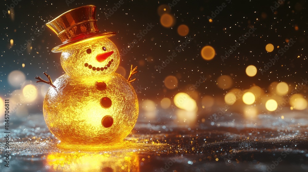 Poster glowing glass snowman illuminated against a sparkling festive background with warm bokeh lights and 