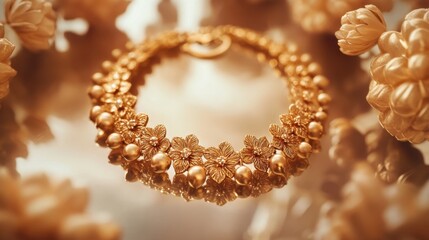 Obraz premium Elegant Gold Necklace with Floral Design on Soft Golden Background