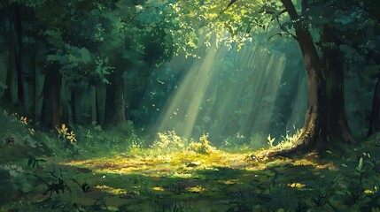 Obraz premium A sunlit forest scene with light rays filtering through a rich green canopy, creating a warm, inviting glow across the forest floor covered in thick moss 