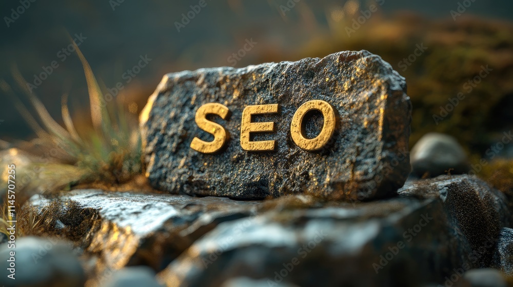 Poster seo concept stone with engraved letters in a natural setting highlighting search optimization and di