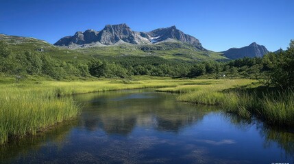 A serene landscape featuring mountains, a clear river, and lush greenery under a blue sky.