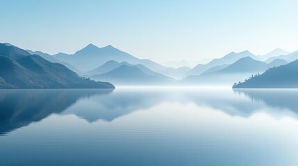 Serene mountain landscape reflecting on calm water under a soft blue sky.