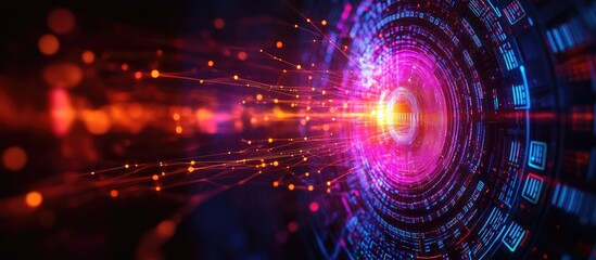 Obraz premium Abstract visualization of digital data transfer with glowing fibers and intricate patterns representing advanced cybersecurity and server technology